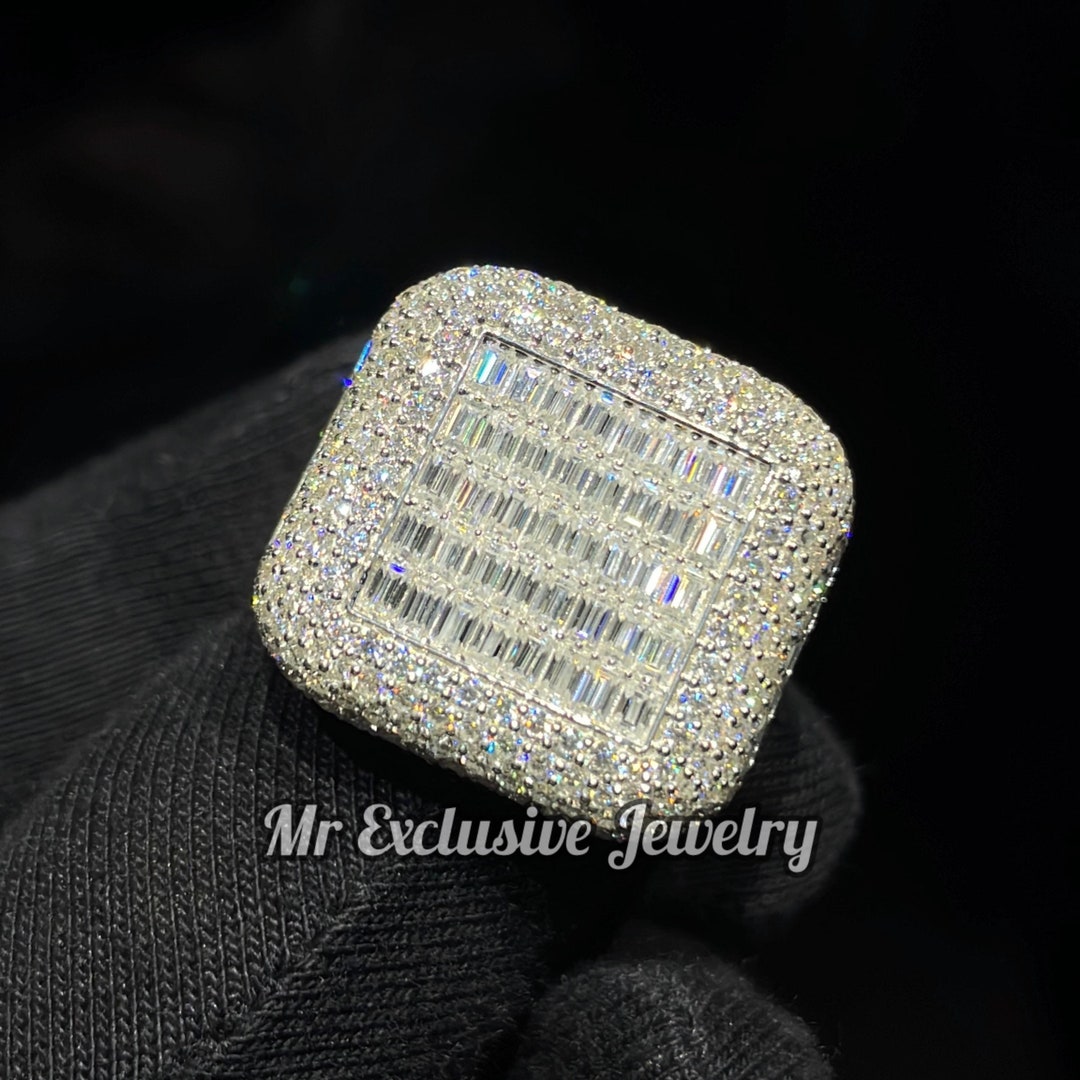 Baugette Rapper Ring Men's Iced Out Baguette Moissanite Champion Ring, 14K Gold VVS ...