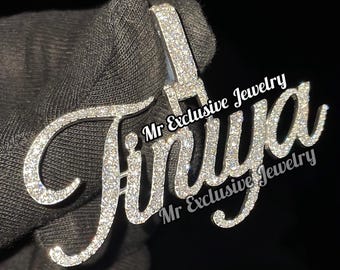 10K Gold Lab grown Diamond Name Necklace, Personalized Pendant Necklace, Bling Name Necklace, Cursive Letter Iced out Jewelry For Valentine