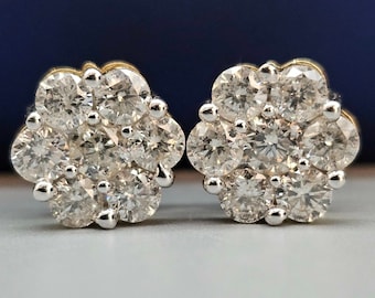 2.67 CT Round Brilliant Cut VVS1 Lab Grown Diamond Cluster Setting Stud Screw Back Earring For Mothers day Gift For Her, 14K Gold Women Stud
