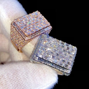 14K White Gold Custom Champion Ring, Customized Iced out Baguette Diamond Ring, VVS Moissanite Diamond Men&#39;s Hip Hop Ring For Birthday Gift