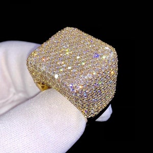 14K Yellow Gold Champion Ring, Full Ice out Baguette Diamond Ring Real VVS Moissanite Diamond Ring For Men Custom Bustdown Hip Hop Ring Gift