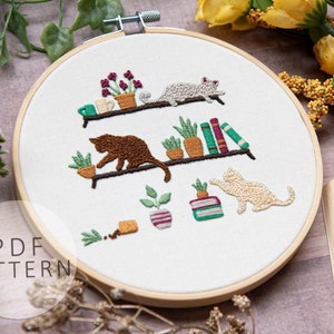 PDF Pattern Cat Embroidery Pattern Book Embroidery Needlework Plants Boho Bookshelves Embroidery Step by Step Youtube Video Tutorial DIGITAL