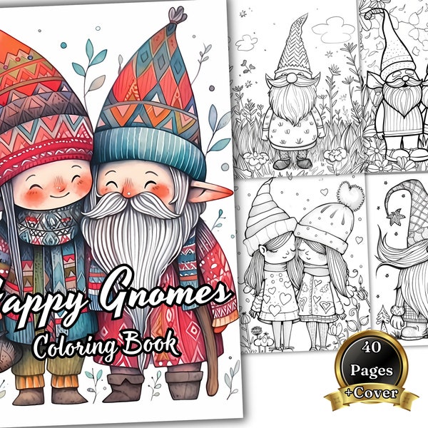 40 Happy Gnomes Coloring Book, Grayscale Coloring pages for adults and kids, cute coloring sheets, 8.5x11 and A4 Size, Instant Download PDF