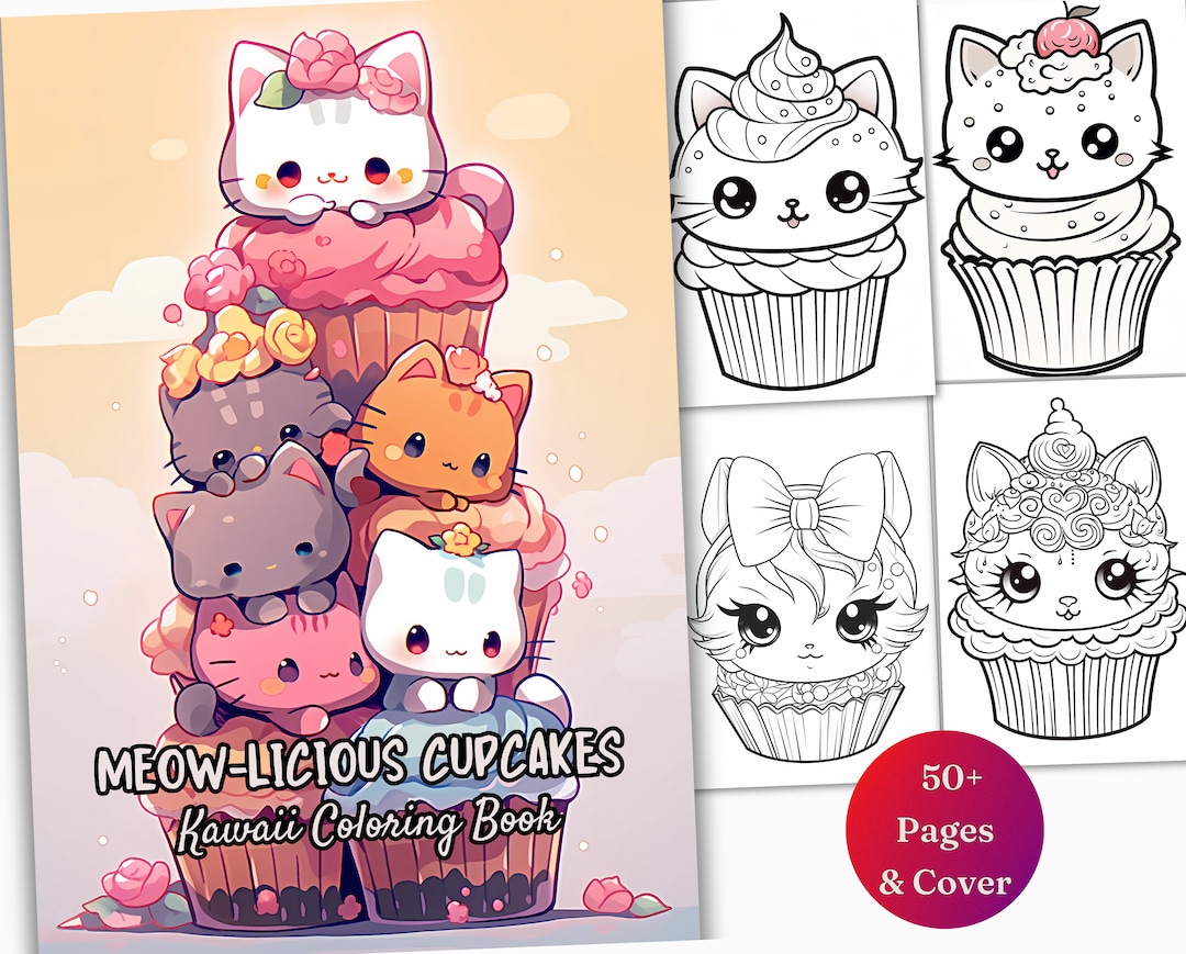 50 Cute Kawaii Cupcakes Cats Coloring Pages, Adults and Kids Grayscale