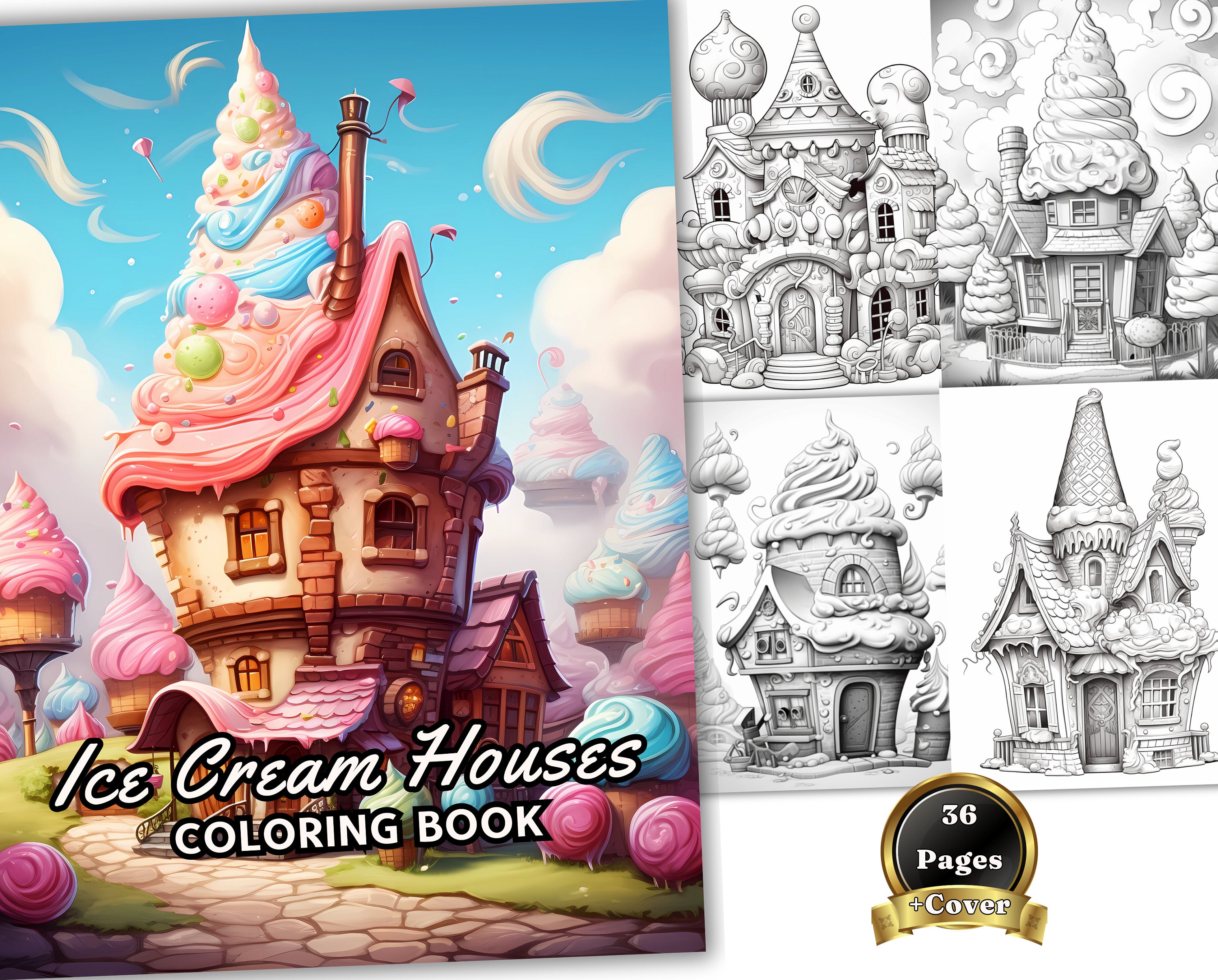 36 Ice Cream Houses Collection Coloring Page, Adults Kids Instant
