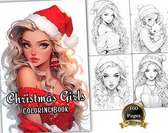 100 Anime Christmas Girls Coloring Book Page Manga Fantasy Coloring Pages for Children & Adults, Instant Download, Printable PDF, Holidays