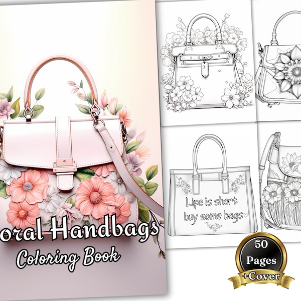 50 Floral Handbags coloring pages for adults Instant Download Vintage handbags coloring book Fashionable handbag Grayscale coloring sheets