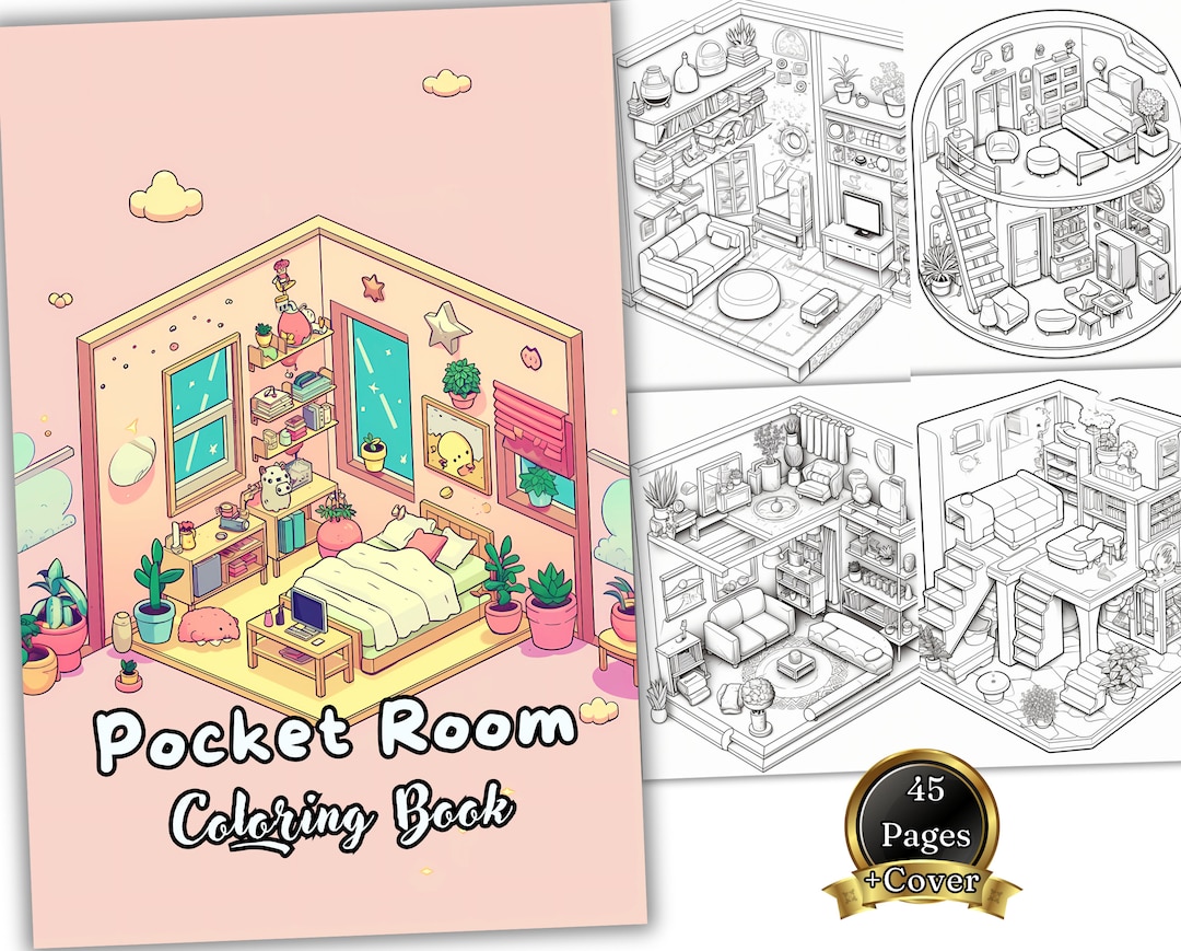 45 Pocket Room Cute Coloring Book for Relaxing, Interior Isometric