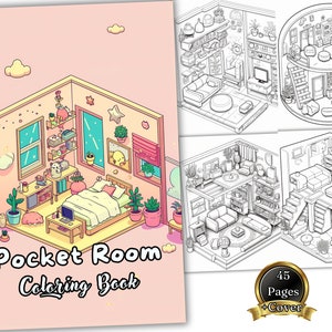 45 Pocket Room: Cute Coloring Book for Relaxing, Interior Isometric Adults + kids AI Coloring Pages Instant Printables PDF, Cozy Living room