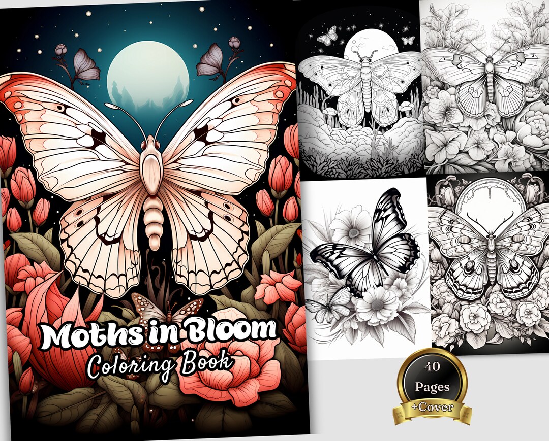 40 Moths Coloring Book, Adults Kids Instant Download grayscale Coloring