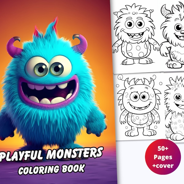 Happy Monsters Coloring Pages - 50 Unique Happy, Lovable, Friendly Monsters - Adorable Monster Designs - Halloween Coloring Pages for Kids