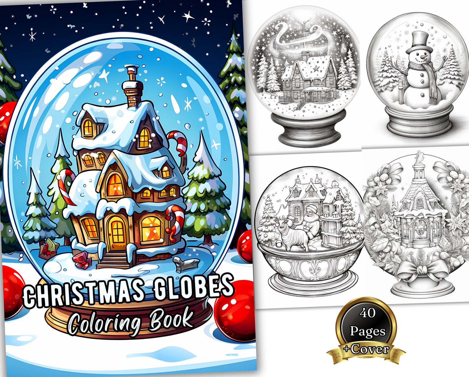40 Christmas Snow Globes Coloring Page Book, Adults Kids Instant