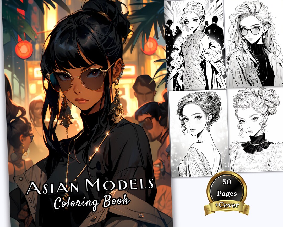 50 Asian Fashion Models Digital Coloring Book, Clothes Coloring Pages ...