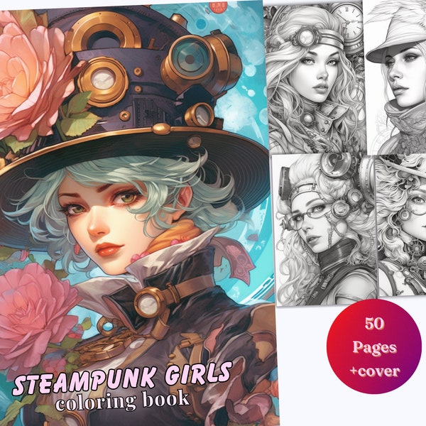 Steampunk Goggles Girl Coloring Page, Intricate Steam Punk Coloring Book PDF, Machine Gear Complex Color Page Adult, Busy Activity Page