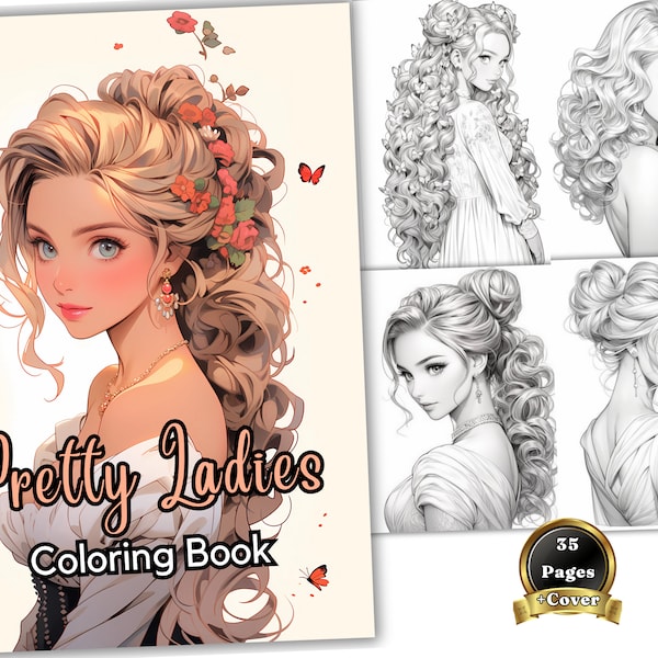 35 Pretty Lady Beautiful Women, Hair, Flowers Coloring Page Book, Adultes + enfants Téléchargement instantané - Coloriage en niveaux de gris - Cadeau PDF imprimable