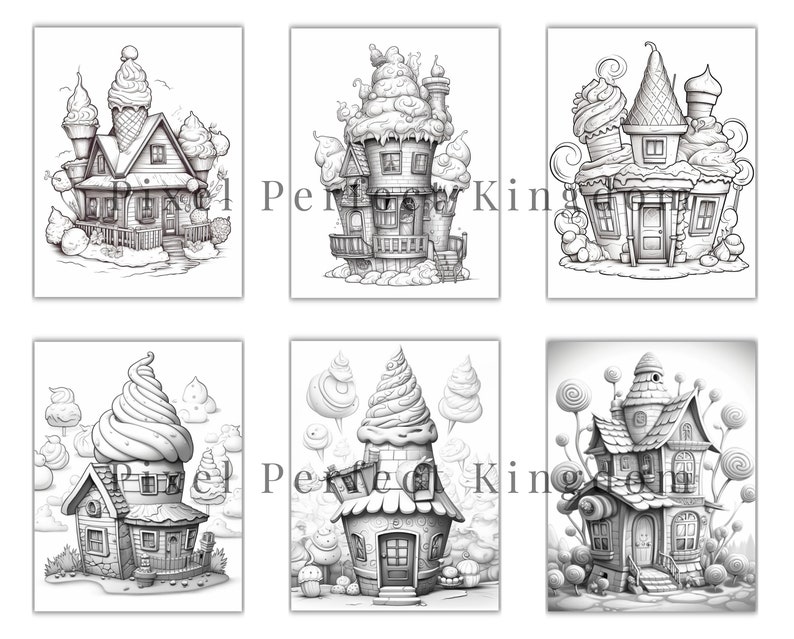 36 Ice Cream Houses Collection Coloring Page, Adults Kids Instant Download Grayscale Coloring ...