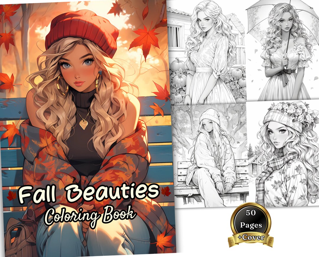 50 Fall Beauties Coloring Book, Printable Autumn Leaves Woman Coloring ...