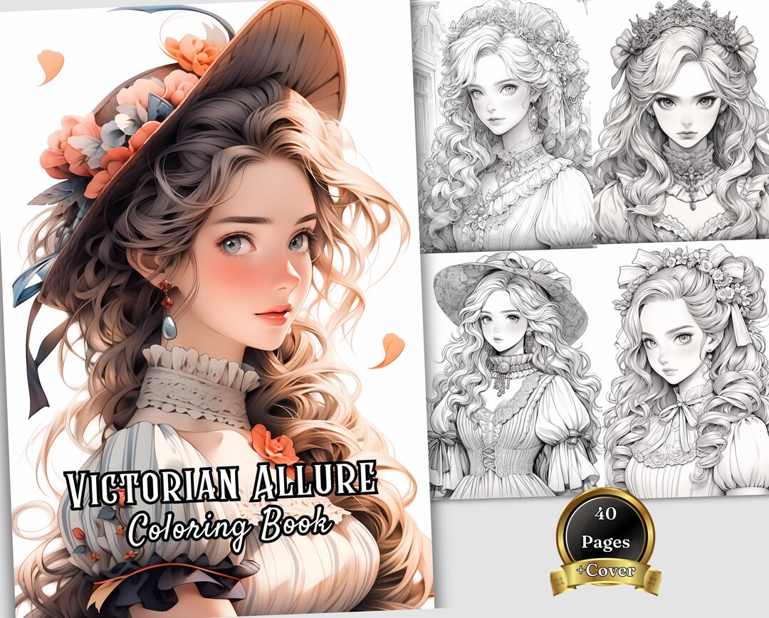 40 Fashion Models in Victorian Style Clothes Digital Coloring Book ...