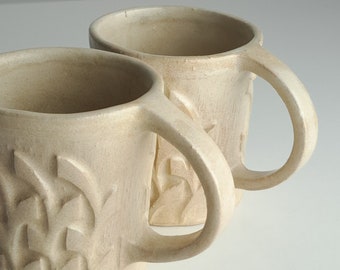 Couple set of coffee cups with handles (2cups x 250ml) artisanal stoneware ceramics , pearl of barley