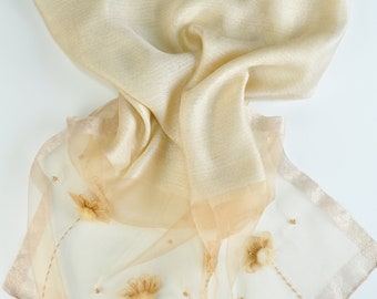 bead embroidered beige silk wool blend scarf for women