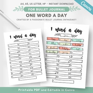 May include: Printable bullet journal page with a one-word-a-day tracker for the month of June. The page is decorated with pastel colored banners and floral accents.