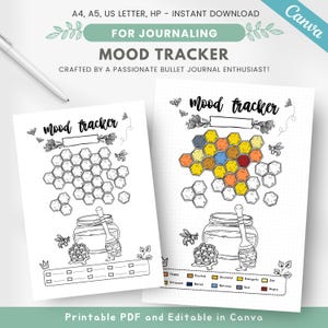 Può includere: Tracker di umore stampabile con un design a nido d'ape. Il tracker è diviso in 42 sezioni, ciascuna rappresentante un umore diverso. Gli umori sono etichettati con parole come "Felice", "Eccitato", "Stressato", "Arrabbiato" e "Zen".