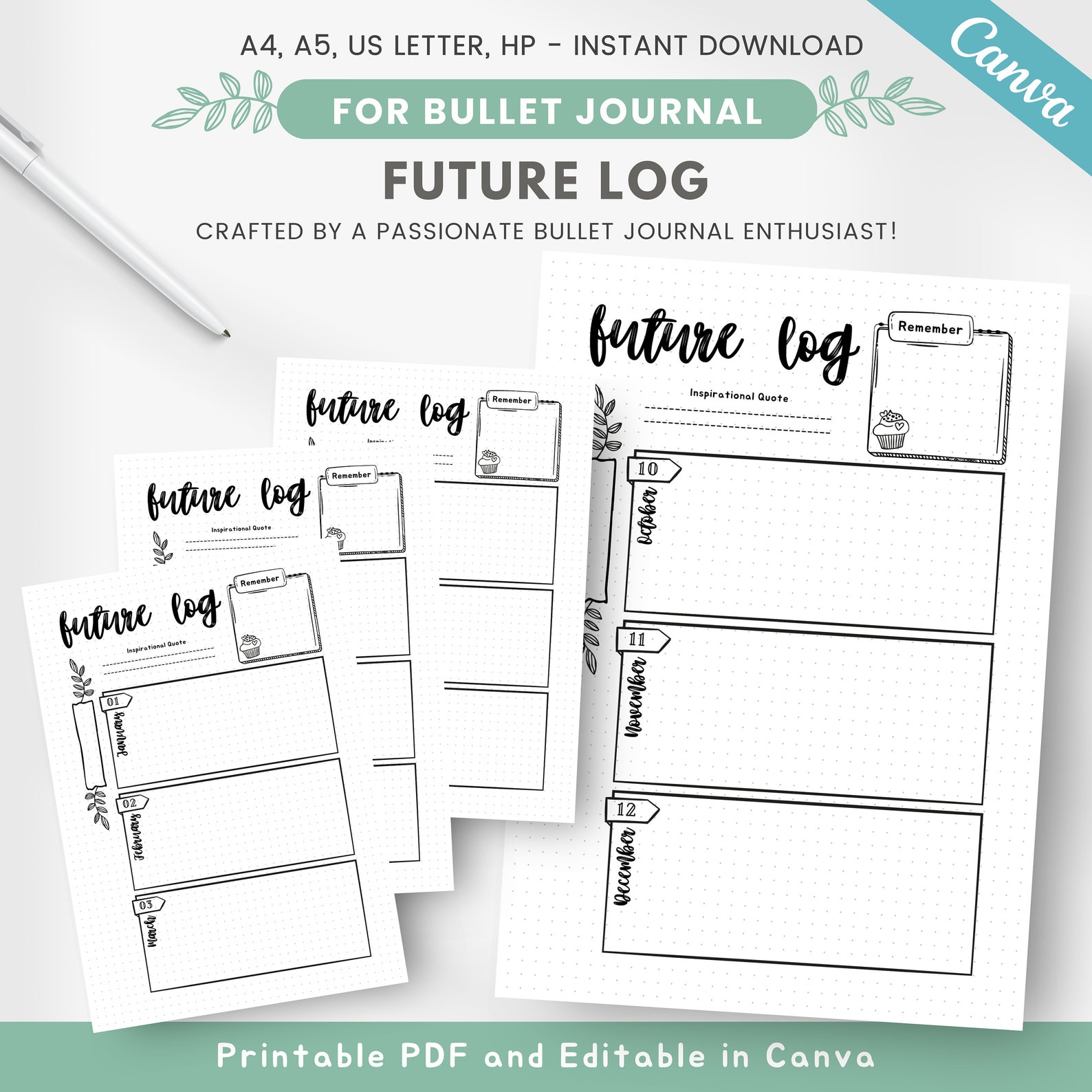 Printable Future Log Spread for Bullet Journaling, Annual Overview ...
