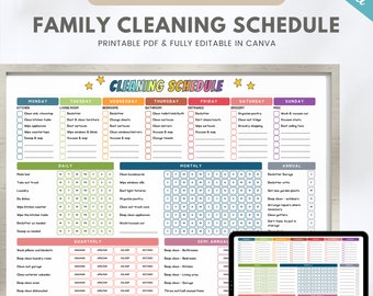Planificador de limpieza editable, horario de limpieza para TDAH, lista de verificación de limpieza del hogar, tabla de tareas familiares imprimible, registro de limpieza, Canva