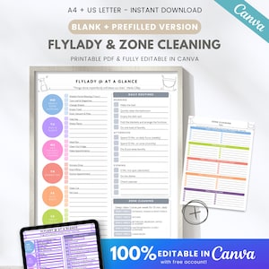 Op de afbeelding: Een afdrukbare PDF-planner, "Flylady & Zone Cleaning", met een lege en voorgevulde versie. De planner bevat dagelijkse routines, zone-schoonmaaktaken en een "Flylady at a Glance" sectie. Het ontwerp is in grijstinten, roze, paars en groen.