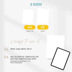May include: Two printable digital planner templates in US Letter (8.5 x 11 inches) and A4 (21 x 29.7 cm) sizes. The text says "2 sizes", "A4", "21x29.7 cm", "US", "8.5"x11"", "2 ways to use it", "01. Print and write on it", "02. Use as digital templates on any PDF annotation apps", "Goodnotes, Notability, etc.", "*No hyperlinked".