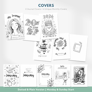 May include: A collection of black and white printable journal covers featuring various illustrations including a person, a jar with a heart, a toucan, and text such as My Journal, 2026, 2027, and Hello January. The set includes 5 journal covers and 4 monthly covers.