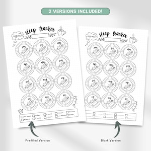 May include: A printable sleep tracker with two versions: a prefilled version with a person sleeping in each month's circle and a blank version. The tracker includes a section to record the number of hours slept each night.