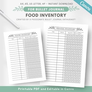 Könnte beinhalten: Druckbarer Lebensmittel-Inventar-Tracker für Bullet Journaling. Zwei Seiten, eine für die Speisekammer und eine für den Gefrierschrank. Jede Seite hat Spalten für Artikel, Verbrauchsdatum, Menge und ein Kontrollkästchen für die Verfügbarkeit.