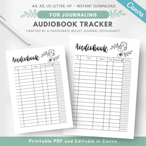 Könnte beinhalten: Druckbarer Audiobook-Tracker in Schwarzweiß. Der Tracker hat Spalten für Titel, Genre, Zeit, abgeschlossen und Bewertung. Der Tracker ist für Bullet Journaling konzipiert.