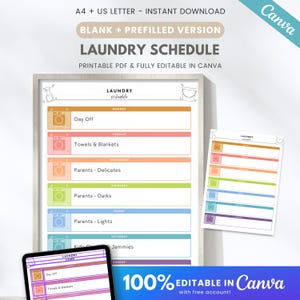 Editable laundry schedule, weekly laundry routine, washing day planner, printable laundry journal, family cleaning schedule | Canva template