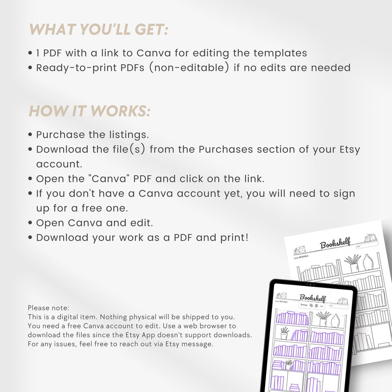 May include: A digital download for a printable bookshelf coloring page. The image shows a preview of the coloring page with purple lines on a white background. The text "Bookshelf" is at the top of the page.