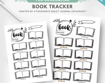 May include: Printable book tracker with a black and white illustration of an open book with stars. The tracker has space for 10 books and includes a title for each book, a space for rating, and a space for notes. The text "book tracker" is written in a circle with a decorative border.