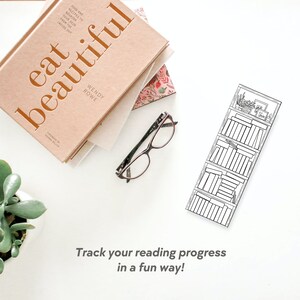 May include: A black and white illustration of a bookshelf with books on each shelf. The bookshelf is tall and narrow. The text "Track your reading progress in a fun way!" is below the bookshelf.