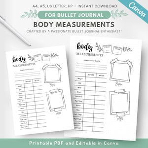 Grafiek lichaamsafmetingen, voor en na lichaamstransformatie, gewichtsverliestracker, pagina gezondheidsdagboek, fitnesstracker, dagboeksjabloon
