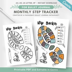 May include: Printable monthly step tracker for bullet journaling. The tracker features a black and white outline of a shoe with numbers 1-30 inside each section. The second page shows the same shoe with colored sections and a key for different activity levels.