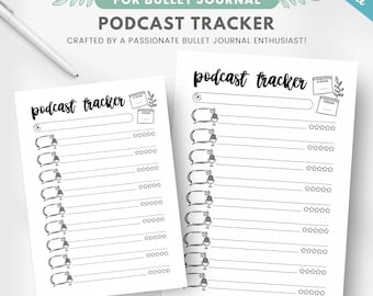 May include: Printable podcast tracker template for bullet journaling. The template features a microphone icon and space to list podcasts, rate them, and note when you started and finished listening. The template is available in A4, A5, US Letter, and HP sizes.