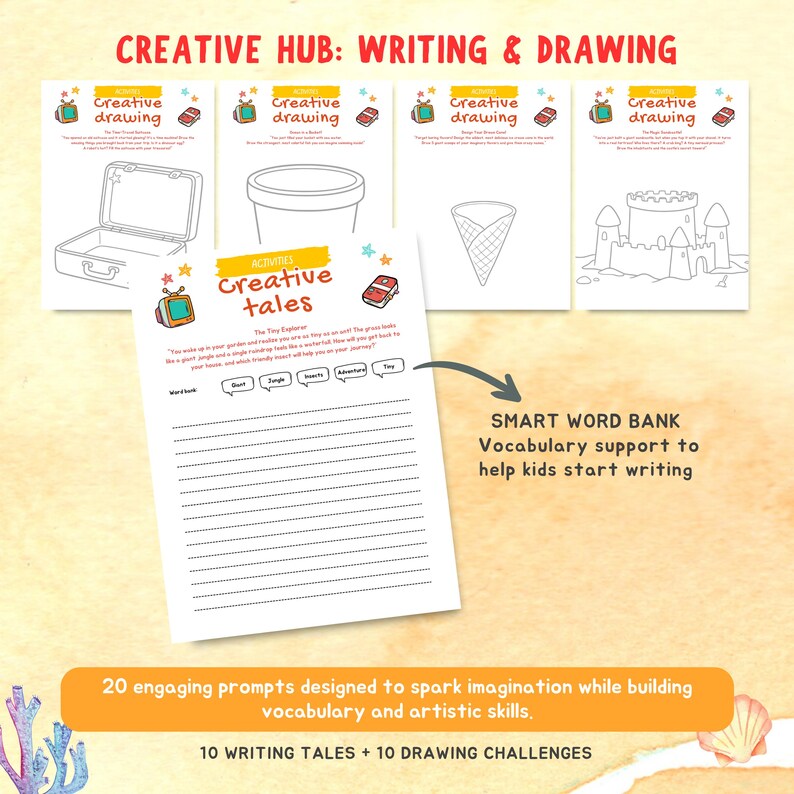 May include: A set of children's writing and drawing activity sheets. The sheets feature line drawings of a suitcase, pot, ice cream cone, and castle. The text "Creative Hub: Writing & Drawing" and "Creative Tales" are visible. Includes a word bank and prompts.