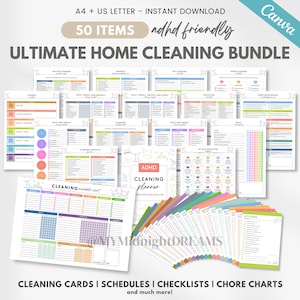 Editable ADHD cleaning planner printable, family chore chart, cleaning checklist, cleaning schedule, room cleaning card, declutter challenge