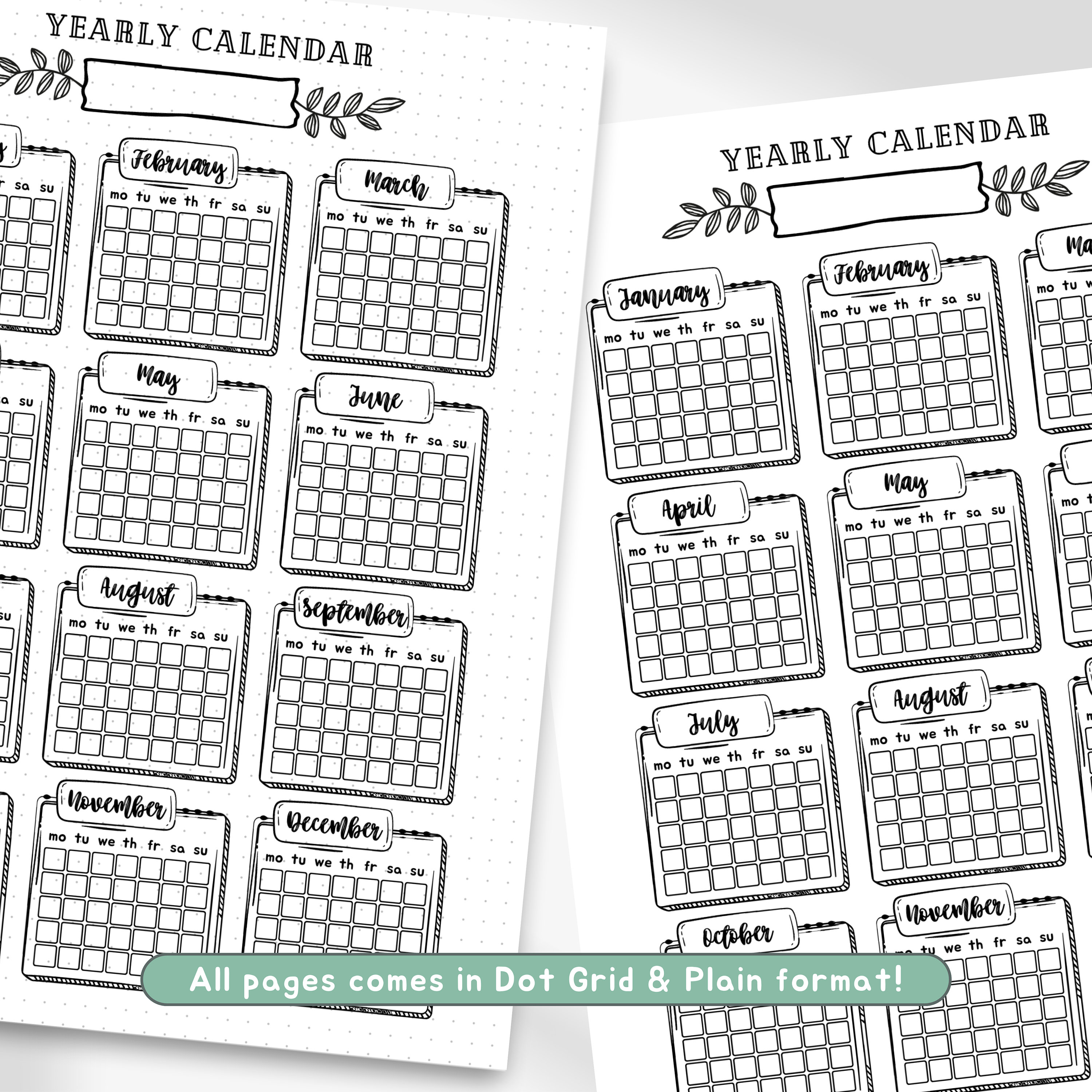 Printable Undated Blank Yearly Calendar, Year at a Glance Planner ...