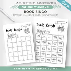 Scheda bingo di libri stampabile, sfida di lettura, pagina di diario di lettura, gioco di libri, inserto per pianificatore di lettura, modello di diario modificabile