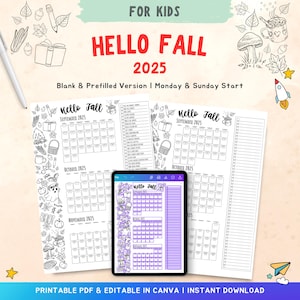 Editable 2025 fall activity calendar, kids autumn bucket list wall calendar, family fun activity, hello fall countdown calendar poster size