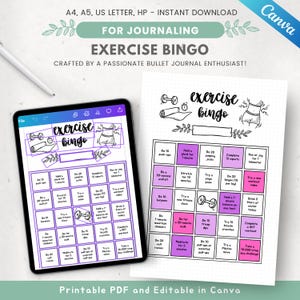 May include: An exercise bingo printable with a digital tablet displaying the same design. The bingo card features workout tasks like push-ups, squats, and yoga. The text includes "Exercise Bingo" and "For Journaling."