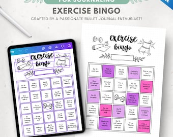 Exercise Bingo, workout bingo card, Fitness challenge, PRINTABLE & EDITABLE journal page, prefilled and blank
