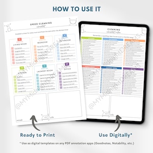 May include: A digital and printable cleaning checklist with the text "HOW TO USE IT" at the top. The checklist is divided into sections for different rooms, including the living room, bedroom, bathroom, kitchen, laundry room, and office. The text "Ready to Print" and "Use Digitally" are also visible.