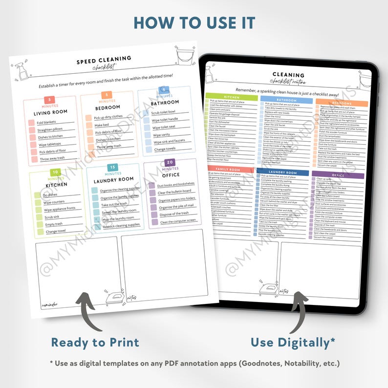 May include: A digital and printable cleaning checklist with the text "HOW TO USE IT" at the top. The checklist is divided into sections for different rooms, including the living room, bedroom, bathroom, kitchen, laundry room, and office. The text "Ready to Print" and "Use Digitally" are also visible.